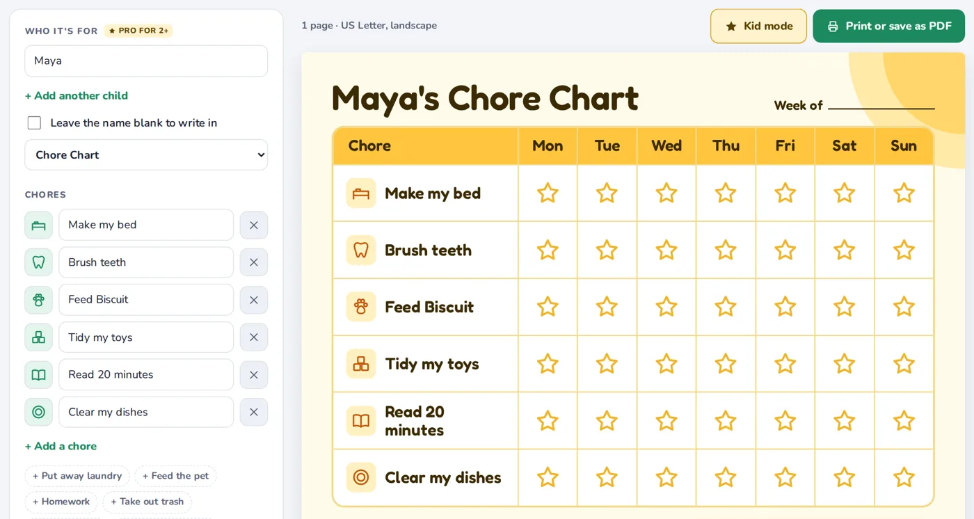 ChoreWorth on a computer: the chore list on the left and a printable chore chart with stars on the right
