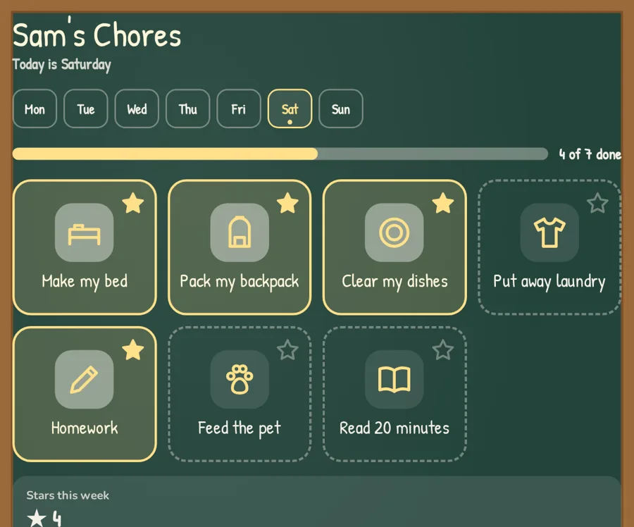 Kid mode on a tablet: a chalkboard chore chart with big buttons, four chores done